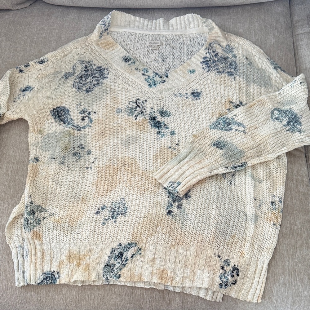 Pilcro Cream and Blue V-Neck Sweater